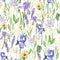 Meadow field seamleass pattern with watercolor floral delicate green leaves and branches, iris, white wildflowers.
