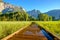 Meadow with flooded boardwalk and Yosemite Falls