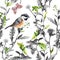 Meadow flowers, bird, butterflies. Seamless floral pattern, black-white colors. Watercolor