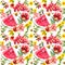 Meadow flowers, fruits grape, watermelon and bees. Seamless summer pattern. Watercolor
