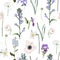 Meadow flowers, grass, garden herbs. Seamless herbal background in light colors for fashion design.