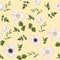 Meadow flowers, grass, garden herbs. Seamless herbal background on yellow background for fashion design.