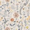 Meadow flowers and herbs boho seamless pattern. Blooming grass doodle background in Scandinavian style. Folk vector
