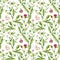 Meadow flowers, tiny rabbits. Seamless pattern. Watercolor