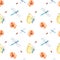 Meadow insects and flowers watercolor seamless pattern on white.