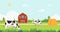 Meadow landscape with farm and cow eating grass vector illustration.Farm with cows and hays.Landscape with farm