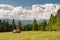 Meadow in summer with small white house, Low Tatras and cloudy sky.