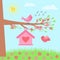 Meadow with tree, flowers, birdhouse and birds. Springtime. Cartoon sun is shining. Birds are flying and singing