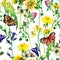 Meadow watercolor flowers and butterfly seamless pattern