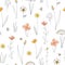 Meadow wildflower seamless vector pattern. Boho botanical floral background. Continuous line drawing background. Doodle