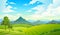 Meadows with mountains. Landscape hill field mountain land sky wild nature grass forest countryside tree. Summer land