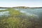 Meadows and pastures in hilly valley flooded with a spring river