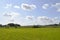 Meadows and trees on the Baltic Sea Island Usedom, Germany, under a blue sky with white clouds and a railroad embankment at the ho