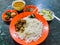 Meal in Bangladesh - Rice, Alo vorta, dhal, Shim borta and chicken cur