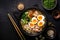 meal noodle japanese ramen food bowl asian vegetable soup chopstick. Generative AI.