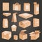 Meal pack. Various containers for snack paper box for drinks recent vector stylized illustrations