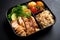 Meal prep containers with healthy lunch to go for work or school with grilled chicken, rice and vegetables. Generative AI