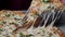 Meal time at pizzeria, man taking a slice of the pizza shot with very thin depth of field. Frame. Hand cut slice of