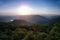 Meander of european river Labe from metal lookout Varhost in spring evening sunset in czech tourist area named Ceske Stredohori