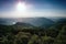 Meander of european river Labe from metal lookout Varhost in spring evening sunset in czech tourist area named Ceske Stredohori