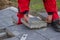 Measure and marking pavement stone before cutting 2