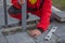 Measure and marking pavement stone before cutting 3