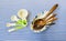 Measure Spoon Set with Four Wooden Spoon on White Bowl Placed on