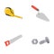 Measuring tape, bolt with nut, trowel, wood hacksaw. Build and repair set collection icons in cartoon style vector