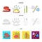 Measuring tape, needles, crayons and pencil.Sewing or tailoring tools set collection icons in cartoon,outline,flat style