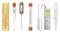 Measuring tools, electronic or mercury thermometers isolated icons