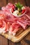 Meat antipasti Platter of Cured Meat, jamon, olives, sausage,