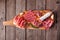 Meat appetizer platter with sausage, prosciutto, ham and salami, top view on a serving board against wood