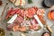 meat appetizer, Sausage, ham, tapas, olives. banner, menu, recipe place for text, top view