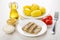 Meat aspic, vegetable oil, mustard, horseradish, boiled potatoes