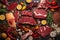 Meat background, appetizing tasty pieces and slices of different meat, beef, pork, entrecote, steak on black, flatley,