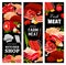 Meat, butcher shop banners, beef and pork food