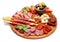 Meat and cheese plate with salami sausage, chorizo, parma and mozzarella