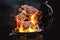 Meat and chili pepper slices falling onto barbecue grill with flame against background, closeup