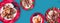 Meat collage. veal ribs, pork, veal and beef barbecue on wooden red plates isolated on a blue background. top view.