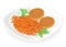Meat cutlets on a plate. Garnish Korean carrot. Dill and parsley leaves. Delicious, tasty and nutritious food. Vector illustration