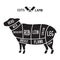 Meat cuts - lamb. Diagrams for butcher shop. Scheme of lamb. Animal silhouette lamb. Guide for cutting