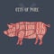 Meat cuts - pork. Diagrams for butcher shop. Scheme of pork. Animal silhouette pork. Guide for cutting
