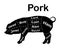 Meat cuts - pork. Diagrams for butcher shop. Scheme of pork. Animal silhouette pork. Guide for cutting. Vector
