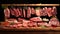 Meat cuts selection displayed in wooden ray at a butcher shop or a supermarket section