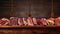 Meat cuts selection displayed in wooden ray at a butcher shop or a supermarket section