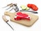 Meat cutting board, knives and vegetable slices. 3D illustration