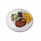 meat dish with beaf steak and vegetable with sauce, for menu etc