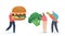 Meat Eater vs Vegetarian Meals Choice. Tiny Male and Female Characters with Huge Carrot, Broccoli and Burger