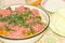 Meat filling in big bowl during preparation of stuffed dish