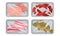 Meat and Fish Packed in Boxes Under Vacuum Food Packaging Film for Keeping Safe Vector Set